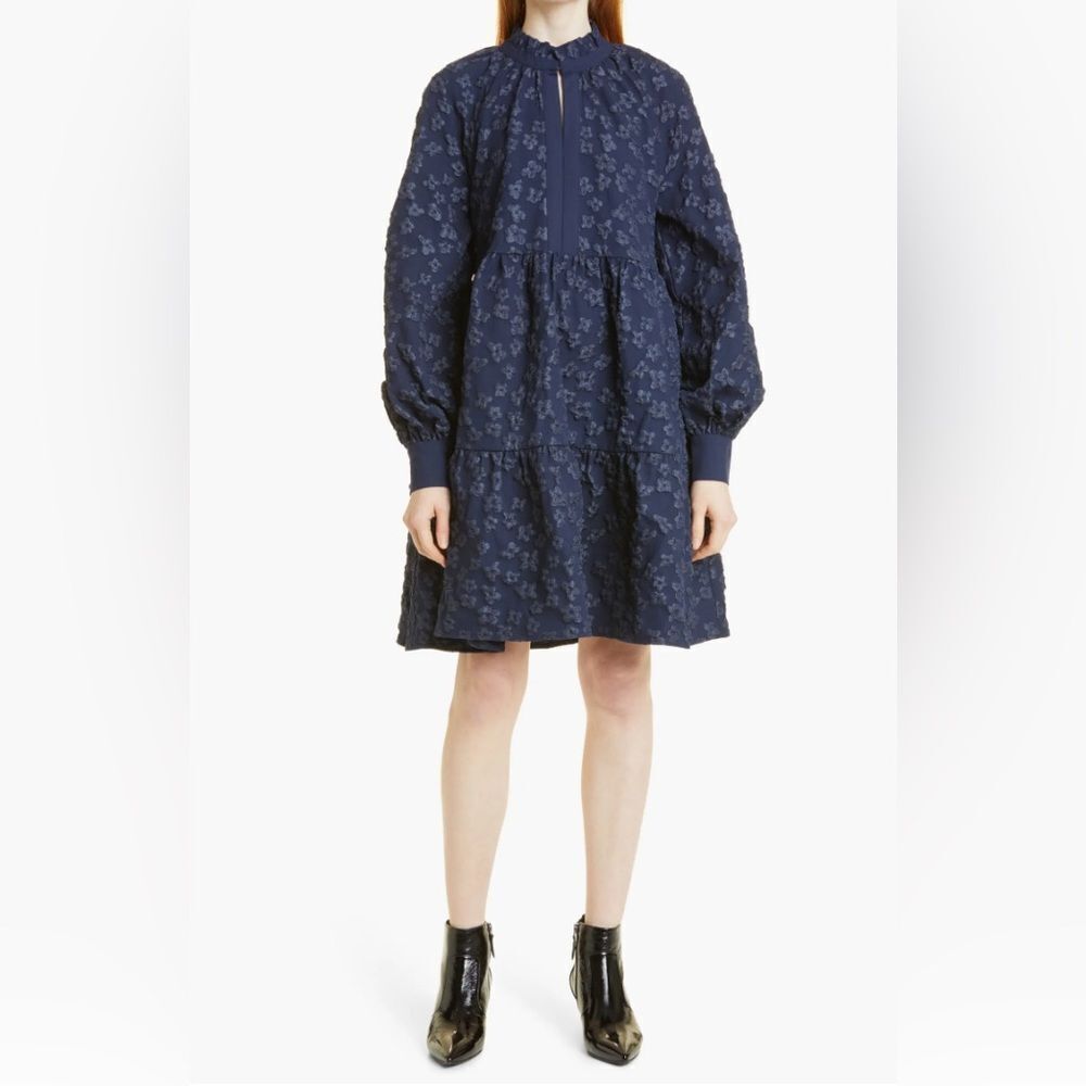 Stine Goya Navy Floral Jacquard Long Sleeve Jasmine Dress, Size Medium